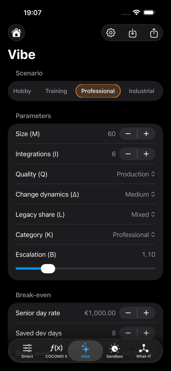 Vibe-Budget calculator — Professional scenario with size, integrations, quality, and escalation parameters