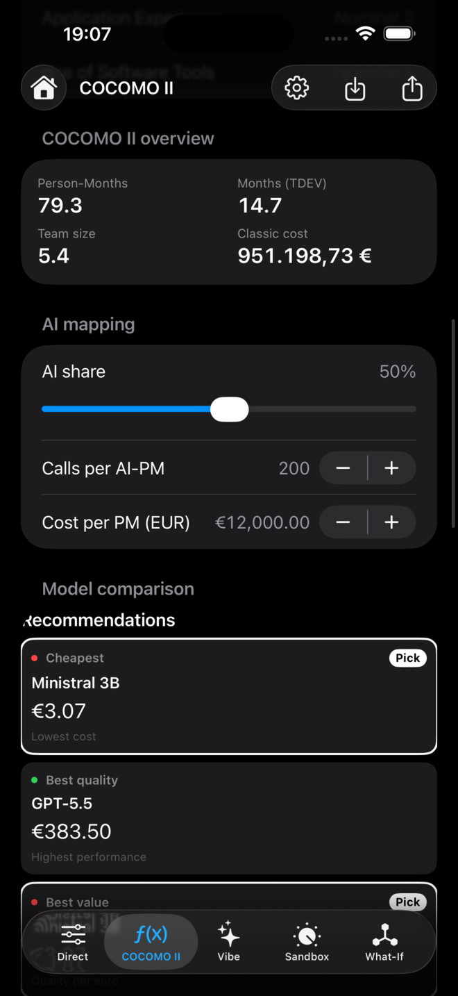 COCOMO II — Person-months, classic cost, AI mapping, and per-category recommendations